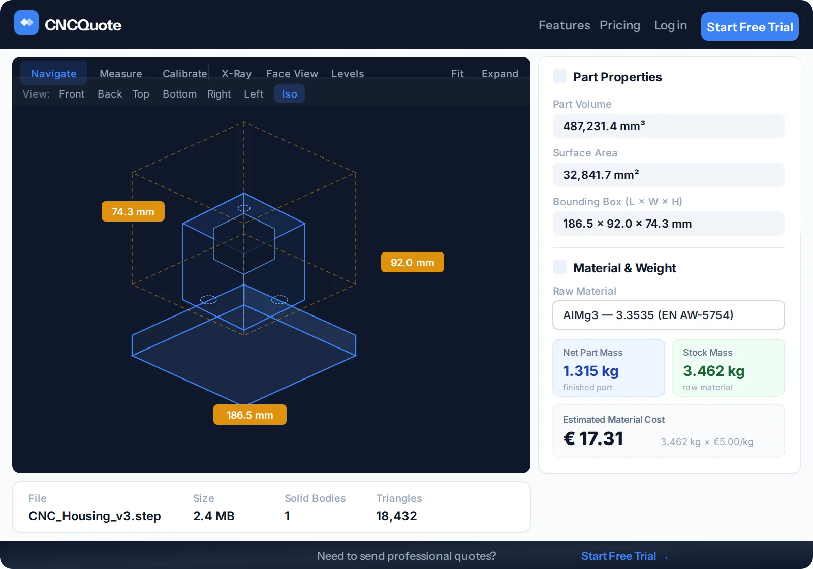 CNCQuote 3D viewer analyzing a CAD part in the browser