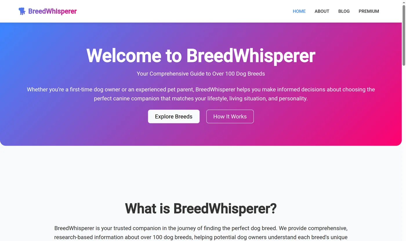 BreedWhisperer — dog breed guide content platform